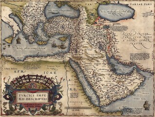 Detailed antique map depicting the Ottoman Empire, Persia, and Arabia, offering a glimpse into the historical geography of the region with decorative elements