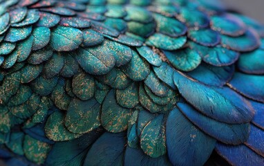 Obraz premium Close-up of textured, overlapping, teal and deep blue feathers