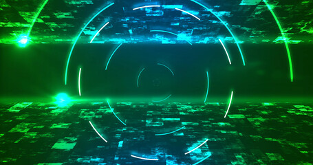 Modern looking awesome circular elliptical technology HUD moving tunnel bg. Business growth analytics showing success. Loopable elements cyberpunk sci-fi futurisitc grid laser-like flare.