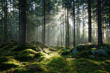 Obraz premium Sunlight filtering through a dense coniferous forest. Moss-covered rocks and forest floor