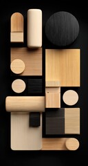 Abstract composition of various wooden shapes, light and dark tones, on a black background