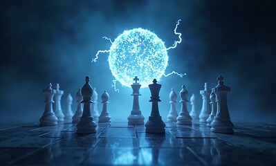 White chess pieces surround a pulsating blue energy sphere, crackling with lightning on a reflective, dark board, symbolizing strategic power.