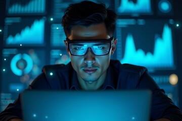 Man working on laptop with data analysis charts and graphs in futuristic office environment at night