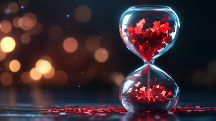 Translucent hourglass with memories as sand, some grains glowing red to signify cognitive health concerns.