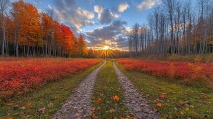 Naklejka premium Autumn Sunlight Pierces a Colorful Forest Path