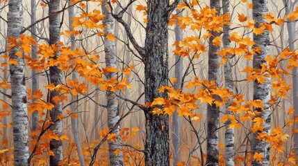 Autumnal Birch Trees with Golden Leaves in Forest
