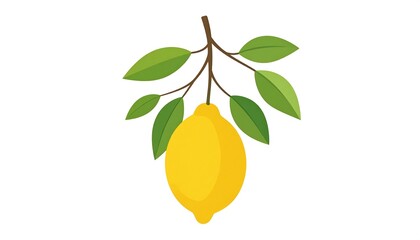 Illustration of a vibrant yellow lemon hanging from a branch with green leaves