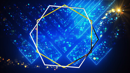 Double hexagon ring moving gold silver, Luxury Royal. Gold metallic hex moving, with particles and light flare. Elegant futuristic clean modern design. Glamour glossy geometric shape. Wedding bg.
