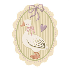 Vintage cottagecore cute goose design with bow and heart on striped background. Green and orange color in a romantic coquette style. Ideal for greeting card or invitation. Great for print and poster.