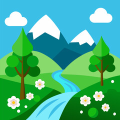 Fototapeta premium Trees, mountains and a river with beautiful flowers vector landscape background.