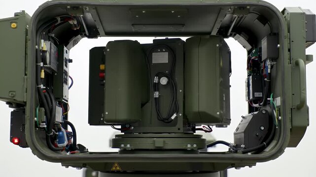 Counter UAV Jammer Turret Platform Close Up Olive Green Complex Wiring and Electronic Components Against Plain Background