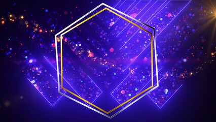 Double hexagon ring moving gold silver, Luxury Royal. Gold metallic hex moving, with particles and light flare. Elegant futuristic clean modern design. Glamour glossy geometric shape. Wedding bg.