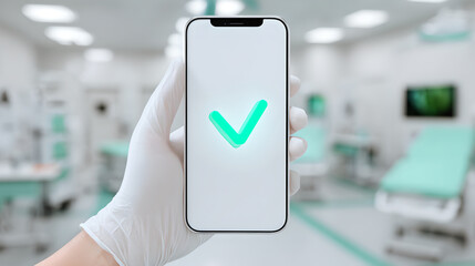 a gloved hand holds a smartphone with a glowing green checkmark, suggesting a positive medical result.
