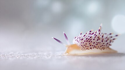 Obraz premium Sea slug with purple spots crawling on light surface, bright bokeh background