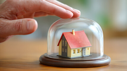a hand gently places a miniature house under a protective glass dome, symbolizing home security.
