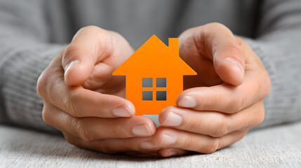 a house icon sits securely in cupped hands, representing the concept of home safety and protection.
