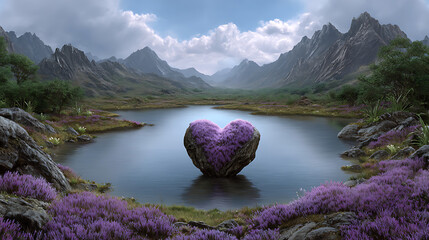 Enchanting heart shaped island reflecting serenity in a misty mountain lake