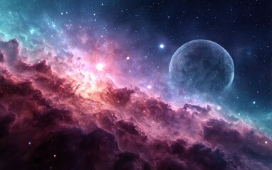 Fototapeta premium Colorful cosmic nebula with planet