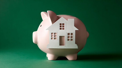 a pink piggy bank with a paper cutout house, symbolizing saving money for a new home.

