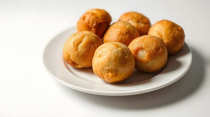 A minimalist composition of several golden fried dough balls arranged on a white serving plate against a plain white studio background.