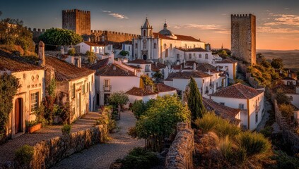 Picturesque hilltop town at golden hour