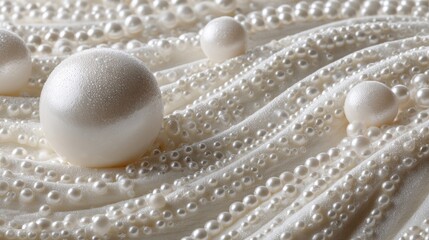 Fototapeta premium Elegant White Pearls on Satin Fabric with Soft Waves and Textures