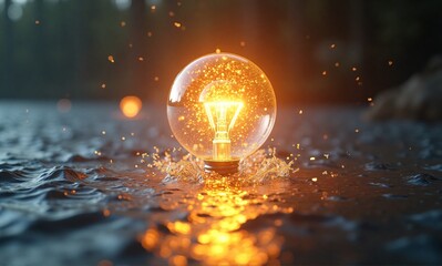 A glowing lightbulb illuminates a dark, wet surface, creating a captivating display of light and water.