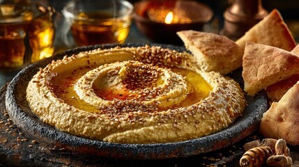 Creamy Hummus with Olive Oil and Sesame Seeds on Rustic Table