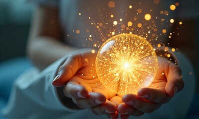 Hands cradle a glowing orb radiating light and energy, suggesting magic, hope, and cosmic power.