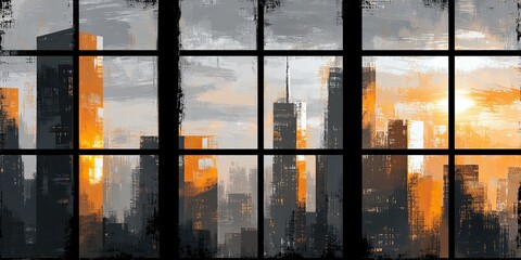 Naklejka premium Cityscape seen through a window at sunrise