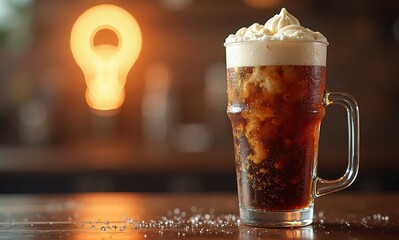 A refreshing dark soda in a clear glass mug, topped with a fluffy cloud of whipped cream. Ice and condensation are visible. The drink sits on a dark wooden surface with a blurred background.