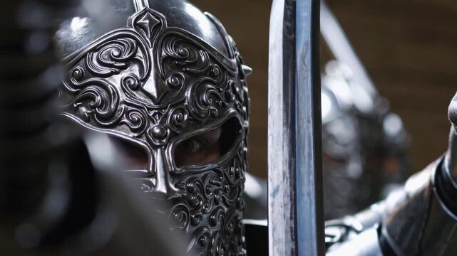 Epic Scene of Medieval Warriors in Battle Formation &ndash; Shining Armor, Swords Drawn, and Tense Atmosphere of Honor, Strength, and Heroic Brotherhood on the Edge of War