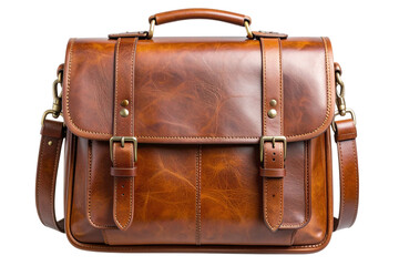 Vintage Brown Leather Satchel with Buckle Straps, isolated on transparent background