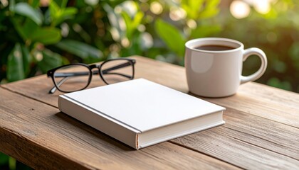 A white book, eyeglasses, and a cup of coffee sit on a wooden table outdoors, bathed in natural light.