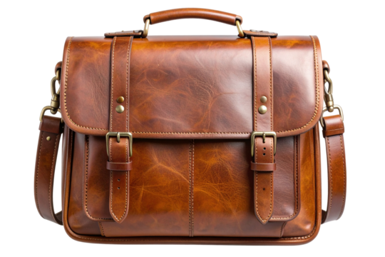 Vintage Brown Leather Satchel with Buckle Straps, isolated on transparent background