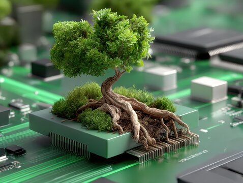 Bonsai tree on circuit board