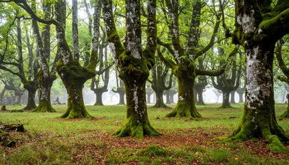 Fototapeta premium Enchanted forest panorama featuring moss-covered trees in a mystical woodland setting