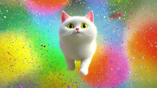 Animated White Cat Floating in a Colorful Explosion of Powder Paint Background