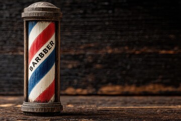 Wooden barber pole on rustic wood