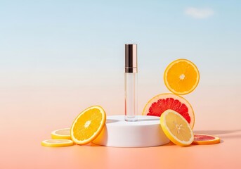 Elegant cosmetic bottle displayed with fresh citrus fruits on a pastel background