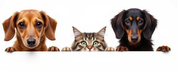 two dachshunds and one british longhair cat looking down from the top edge of a web banner