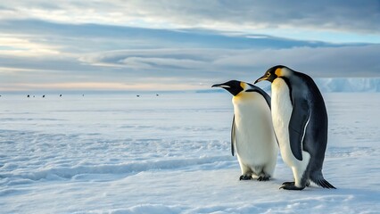 Fototapeta premium Two emperor penguins standing on the snow in antarctica