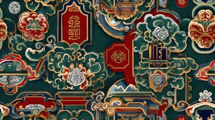 Ornate Asian-inspired pattern with layered floral, cloud, and geometric motifs in rich colors