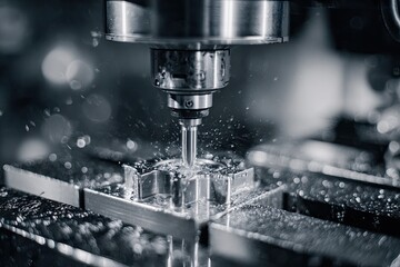 Close-up of a metalworking machine, cutting a metal block.  Water spray visible