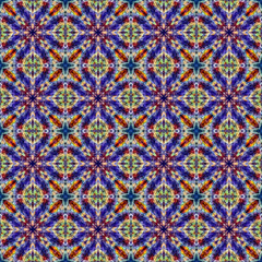 An abstract digital art background with a complex, repeating kaleidoscopic pattern, using a combination of warm and cool tones for a dynamic visual effect.