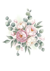 Elegant watercolor peony arrangement with eucalyptus leaves for invitations or prints