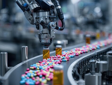 Automated pharmaceutical production line. A robotic arm meticulously places medicine bottles onto a conveyor belt, alongside colorful pills