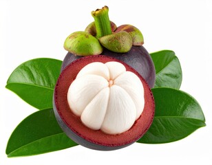 Whole mangosteen fruit with leaves, realistic photography style