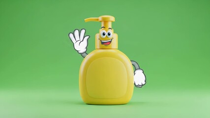 Animated Soap Dispenser Character Waving on Green Background
