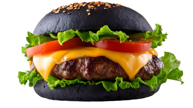 Black Burger with Lettuce, Tomato, Cheese, and Beef Patty on Black Bun